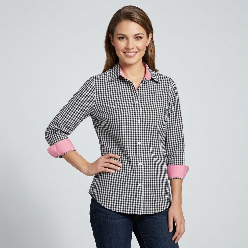 Lauren Ralph Lauren 3x Black White Check Button Down 3/4 Sleeve Cotton Shirt